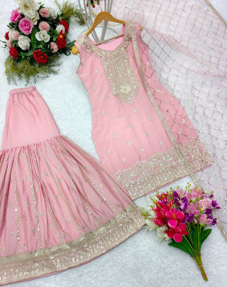 Presenting New Collection Heavy Chinon Silk Top-Sarara And Dupatta Set Fully Stitched Ready To Wear 🔥😍🥰*