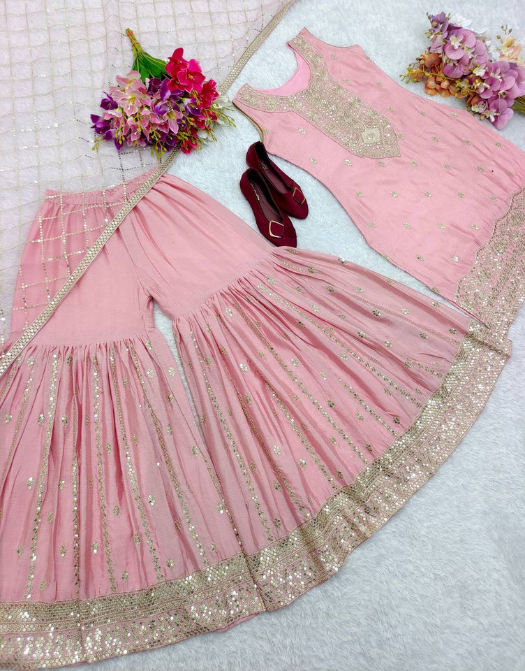 Presenting New Collection Heavy Chinon Silk Top-Sarara And Dupatta Set Fully Stitched Ready To Wear 🔥😍🥰*