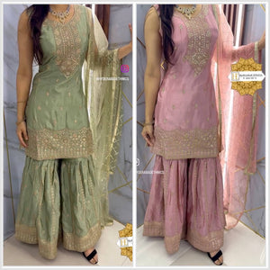 Presenting New Collection Heavy Chinon Silk Top-Sarara And Dupatta Set Fully Stitched Ready To Wear 🔥😍🥰*