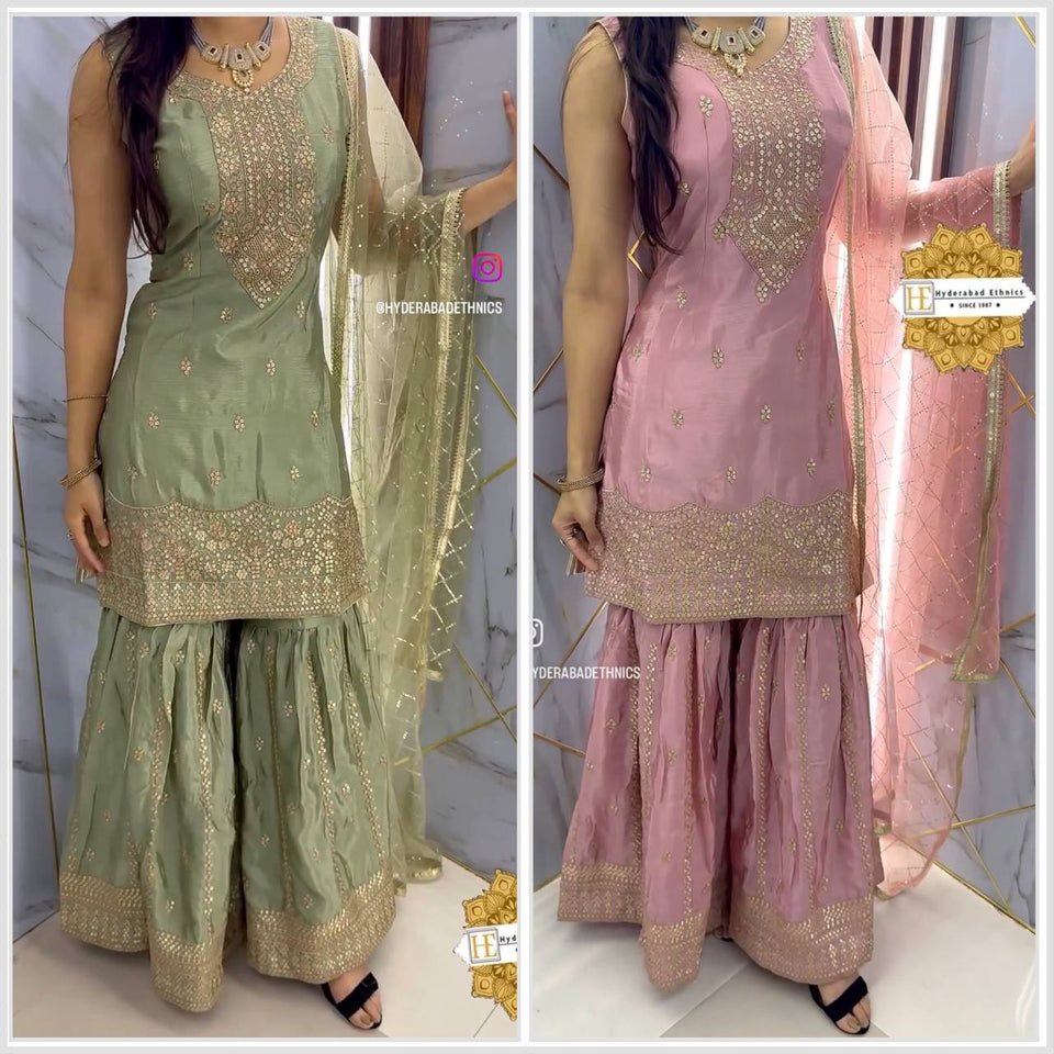 Presenting New Collection Heavy Chinon Silk Top-Sarara And Dupatta Set Fully Stitched Ready To Wear 🔥😍🥰*
