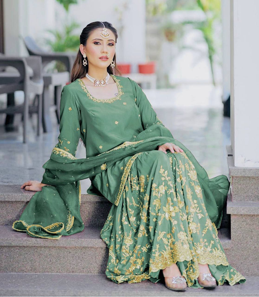 Presenting New Cinon Top-Sarara and Dupatta Set Fully Stitched Ready To Wear