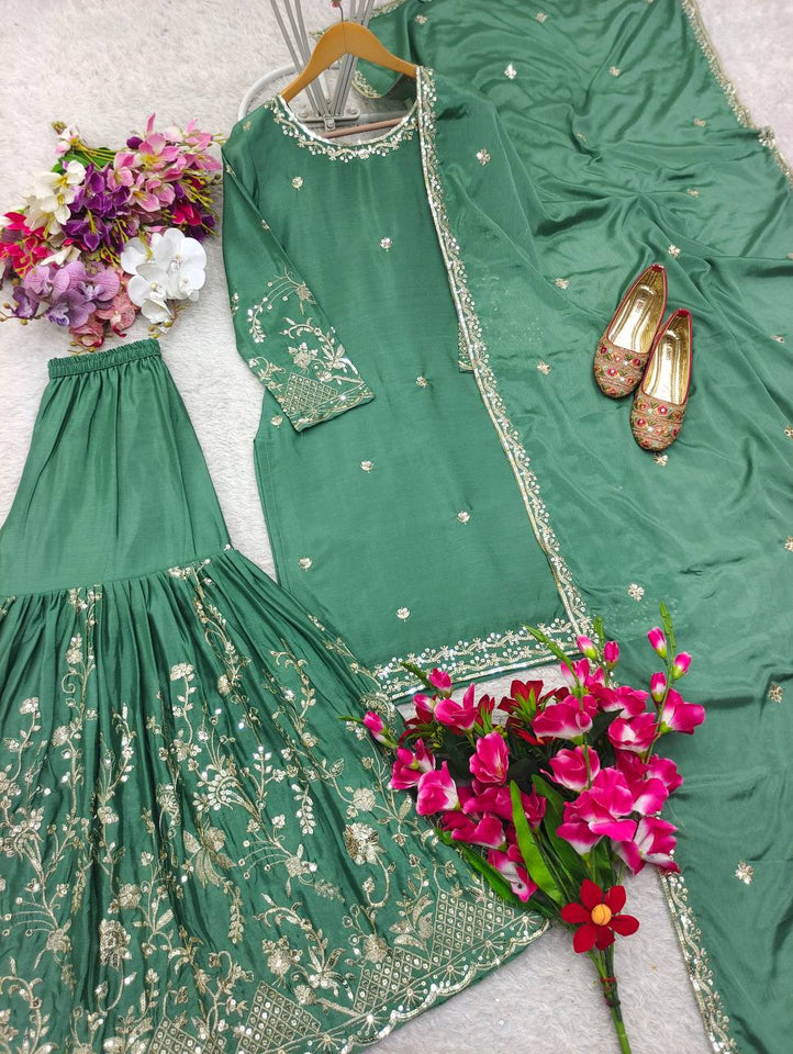 Presenting New Cinon Top-Sarara and Dupatta Set Fully Stitched Ready To Wear