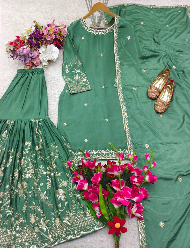 Presenting New Cinon Top-Sarara and Dupatta Set Fully Stitched Ready To Wear