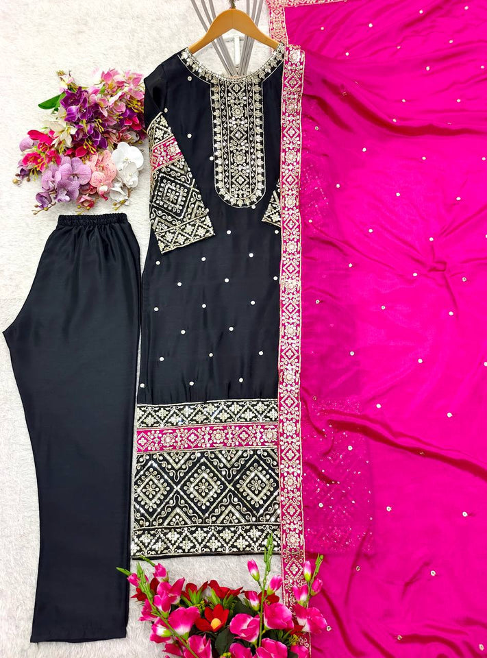 Presenting New Cinon Top-Pent and Dupatta Set Fully Stitched Ready To Wear