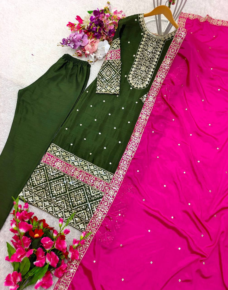 Presenting New Cinon Top-Pent and Dupatta Set Fully Stitched Ready To Wear