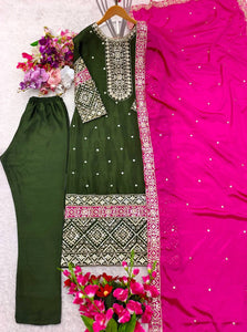 Presenting New Cinon Top-Pent and Dupatta Set Fully Stitched Ready To Wear