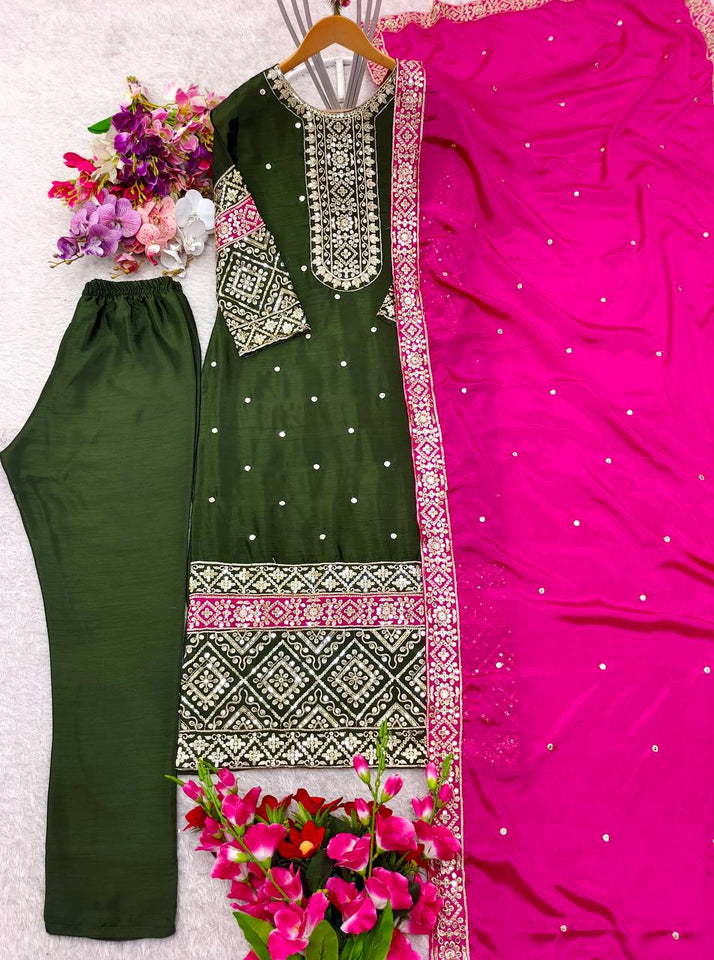 Presenting New Cinon Top-Pent and Dupatta Set Fully Stitched Ready To Wear