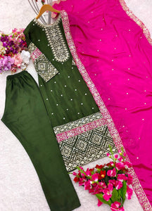Presenting New Cinon Top-Pent and Dupatta Set Fully Stitched Ready To Wear