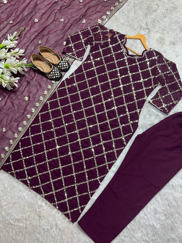 DESIRABLE FANCY FAUX GEORGETTE SEQUENCE EMBROIDERED WORK TOP AND PENT WITH DUPATTA