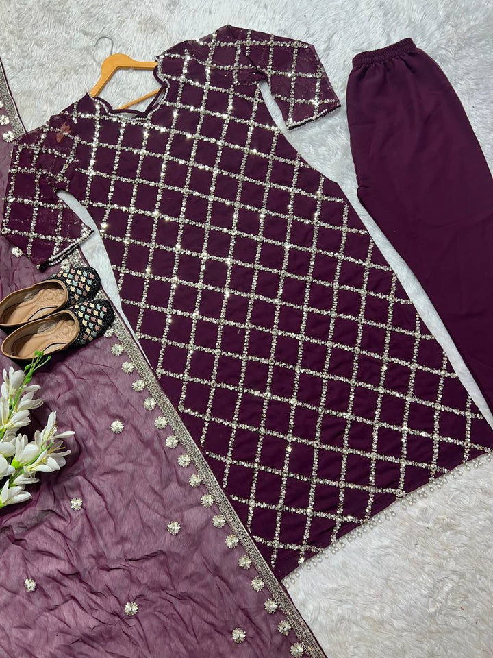 DESIRABLE FANCY FAUX GEORGETTE SEQUENCE EMBROIDERED WORK TOP AND PENT WITH DUPATTA