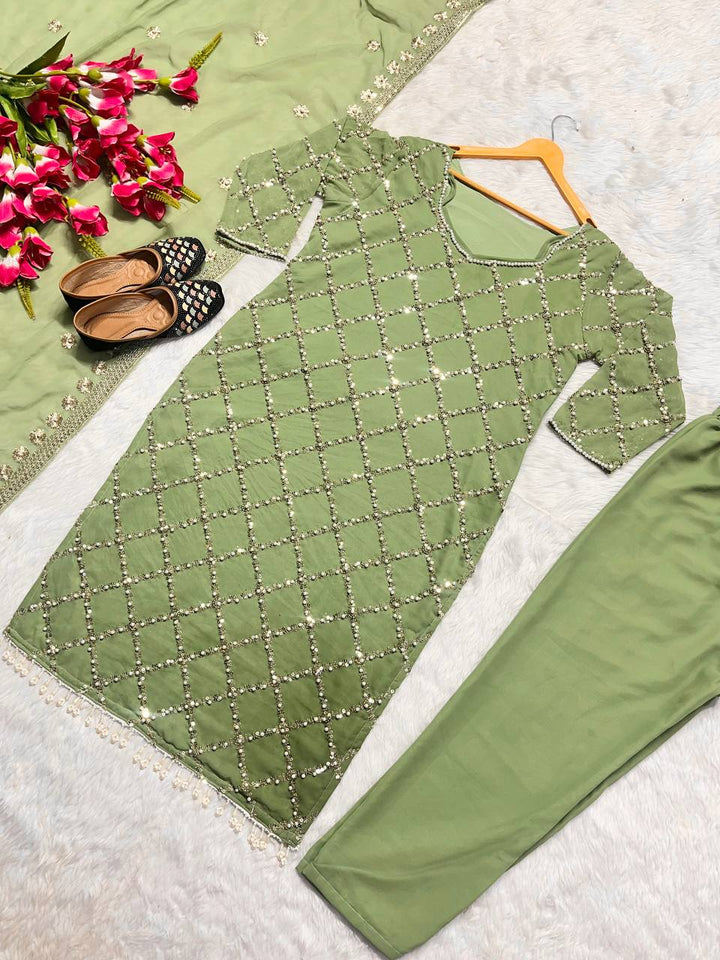 DESIRABLE FANCY FAUX GEORGETTE SEQUENCE EMBROIDERED WORK TOP AND PENT WITH DUPATTA*