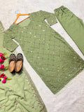 DESIRABLE FANCY FAUX GEORGETTE SEQUENCE EMBROIDERED WORK TOP AND PENT WITH DUPATTA*
